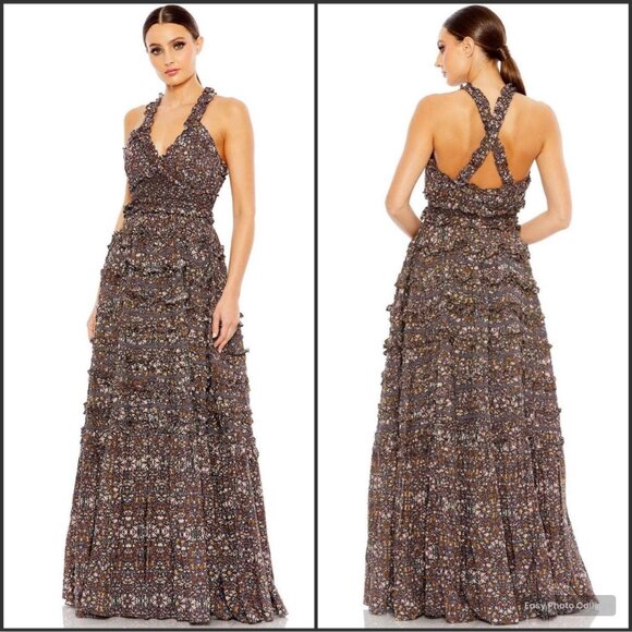 Mac Duggal 8023 Cross Back Floral Print Evening Dress - Picture 1 of 14